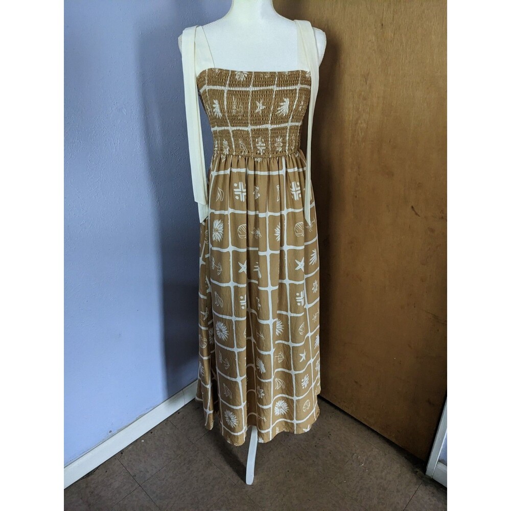 August Sky Women Smocked Faux Tie Strap Sea Print Maxi Ruched Vacay Dress Size L